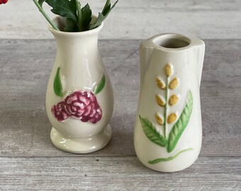 Vintage Pottery - USA Shawnee - Mini Vase - Floral Pink Green - Set 2