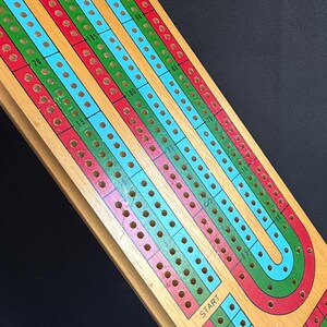 May include: Wooden cribbage board with red, green, and blue scoring tracks. The board has a rectangular shape with a curved end and a small square area labeled "START". The board is made of light-colored wood.