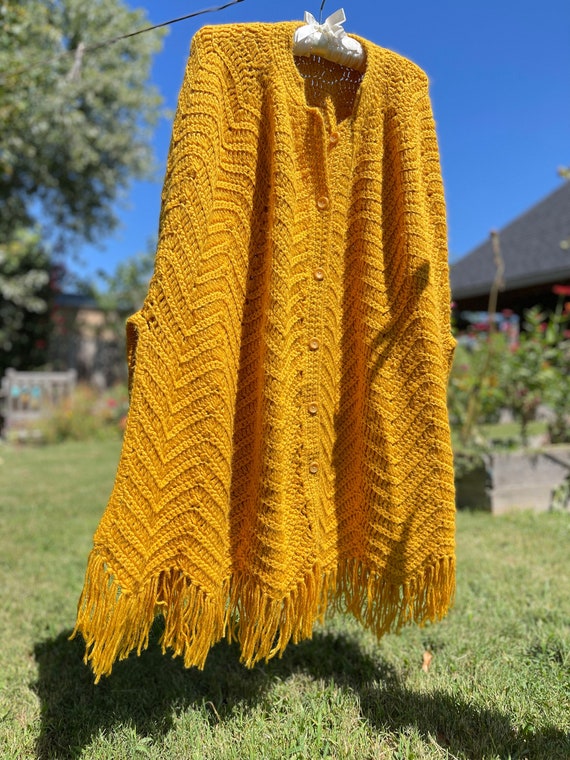 Vintage Poncho Shawl Cozy Autumn Wrap - Marigold M