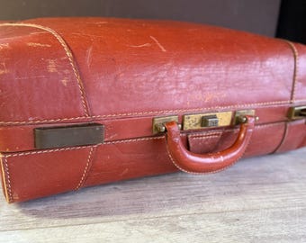 Vintage Suitcase Aniline Cowhide Valise Luggage - Top Grain 1960s Chestnut Brown