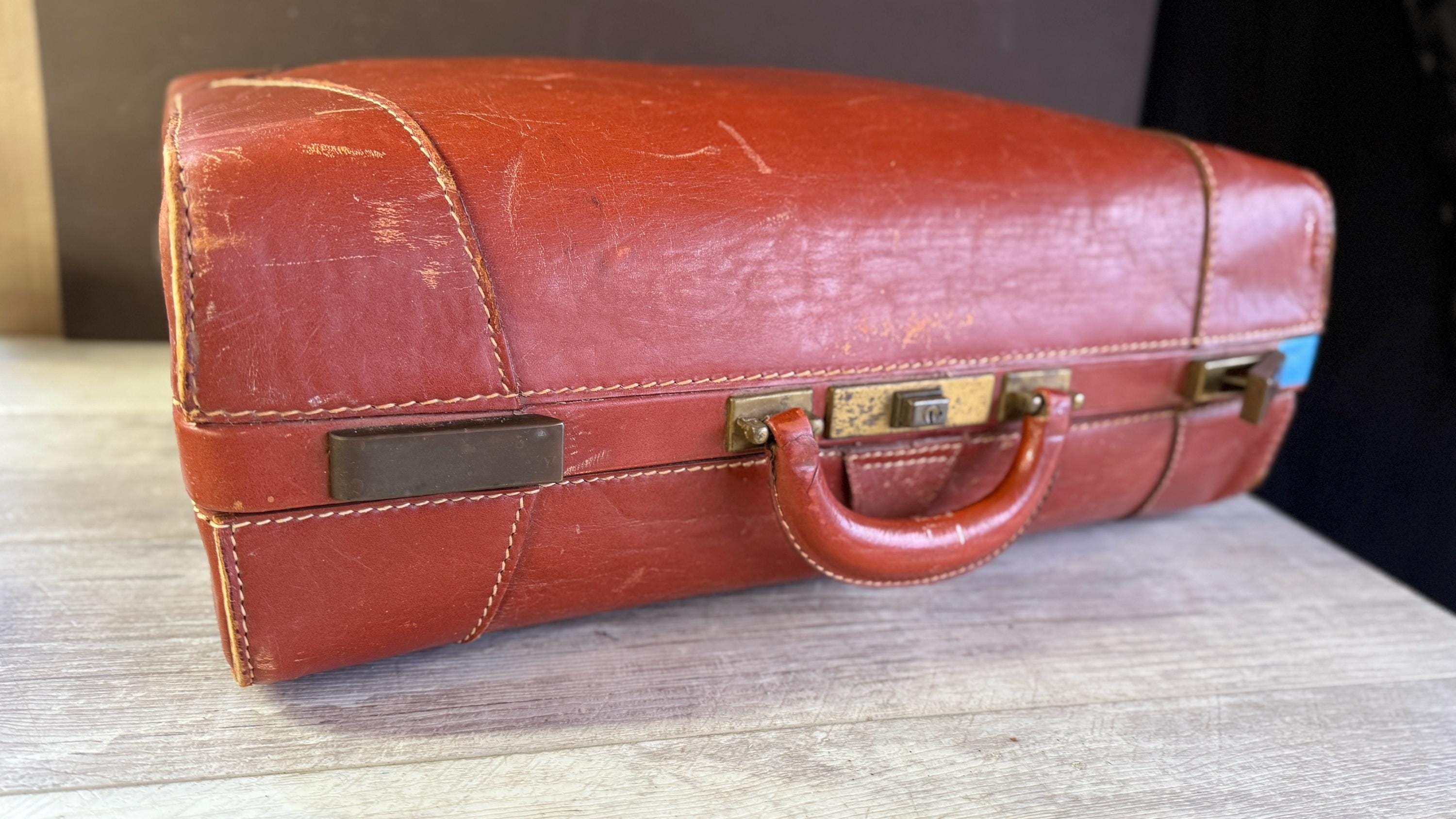 Vintage Suitcase Aniline Cowhide Valise Luggage - Top Grain 1960s