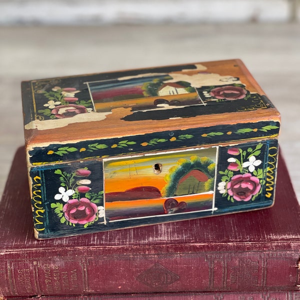 Vintage Mexican Jewelry Box - Handpainted Antique Distressed Treasure Box