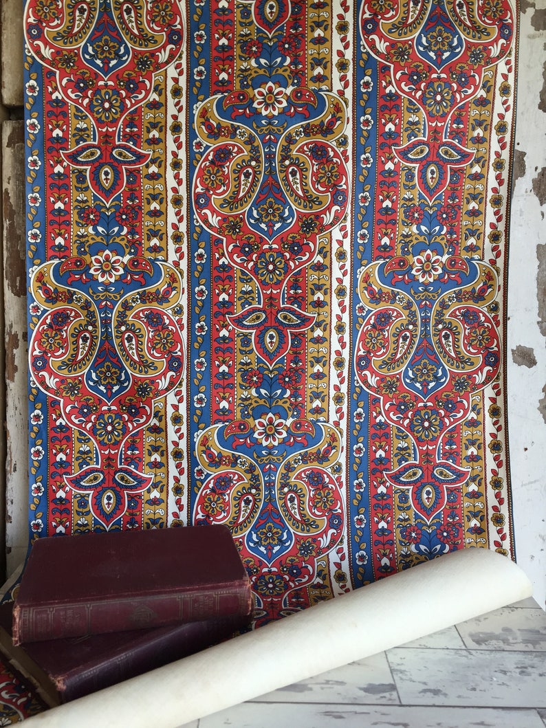 Vintage Wallpaper Vinyl Fabric Back Blue and Red Boho Paisley Etsy