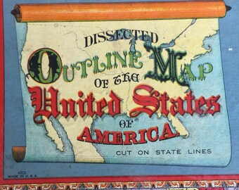 Antique 1800s Jigsaw Puzzle Map USA Cut on State Lines - Milton Bradley 4202 "Dissected Outline "