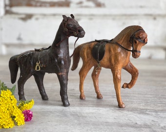 Vintage Horse Figurines -Leather Made in India - Set of 2 Handmade Beautiful Old Figures 7 Inch