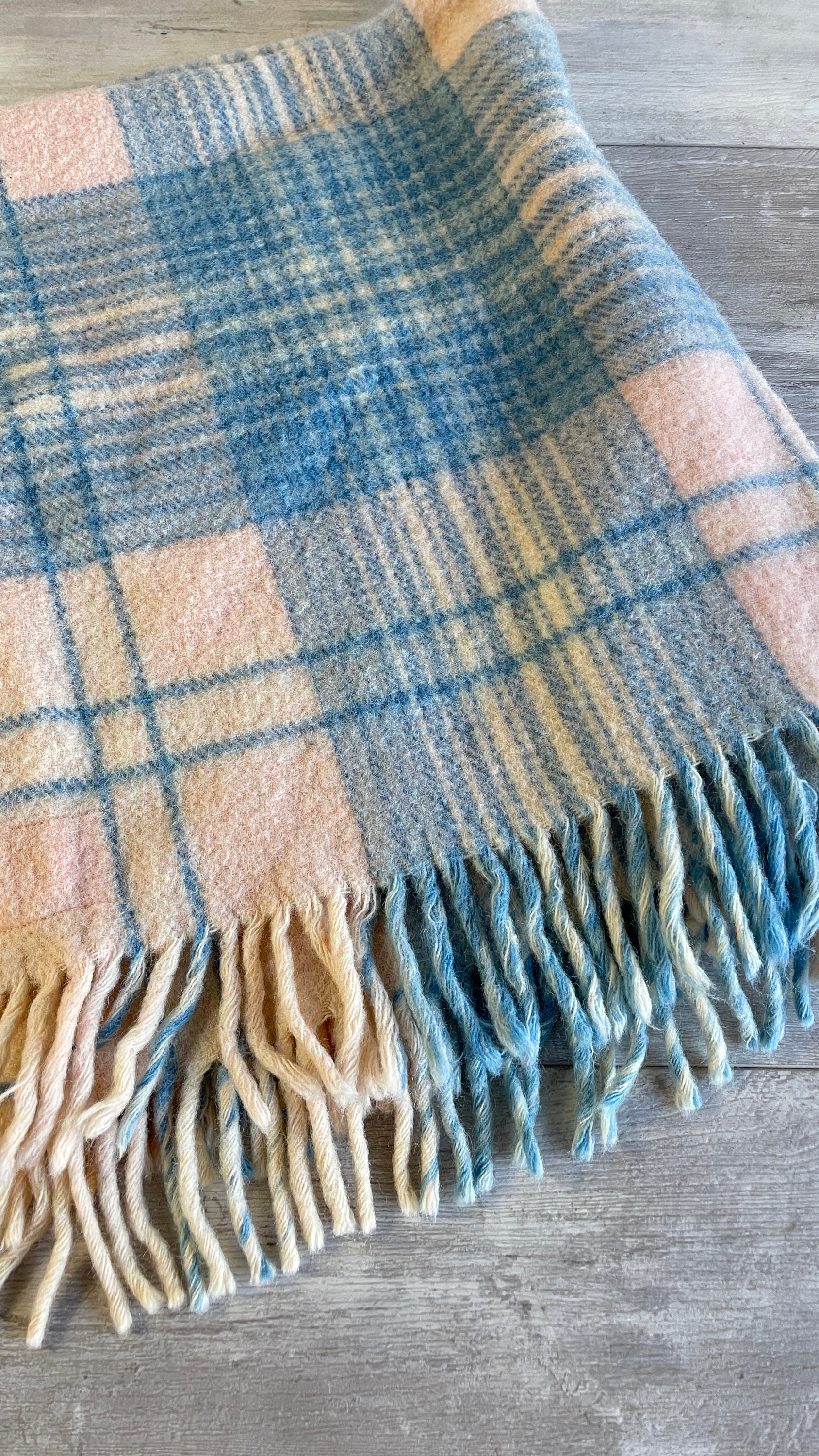 Vintage Wool Blanket - Carldyke Pink Blue Plaid 1960s Fringed Baby