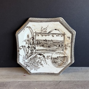 Vintage Aesthetic Transferware - Brown Ironstone - The World Octagon Primavesi and Sons Swansea England pre 1900s English Plate
