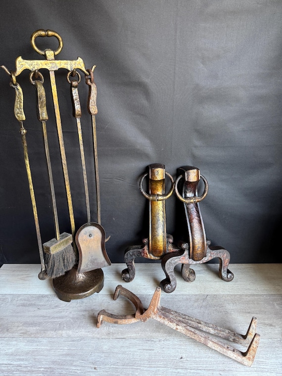 Vintage Cahill Bronze Andirons +fireplace Tools: Poker Shovel