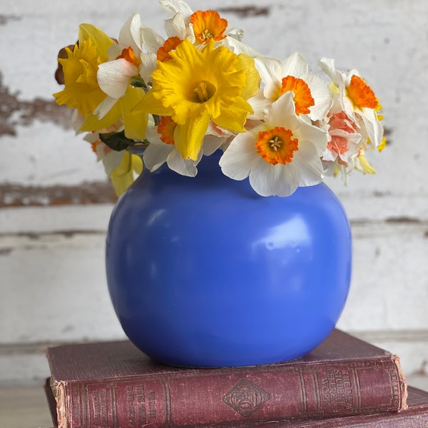 Vintage Blue Ball Vase - Porcelain Matte Blue -Unknown Maker - Glazed interior - 7 inches