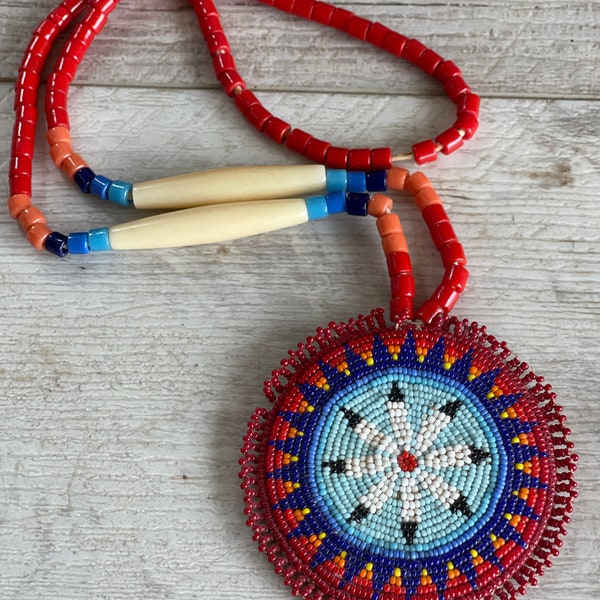 Vintage Beaded Medallion Necklace Native American Leather - Taos 1950