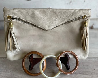 Vintage Leather Clutch Purse + Bracelets -Winter White Made in Italian Leather Ivory Boho Clutch Vera Pelle