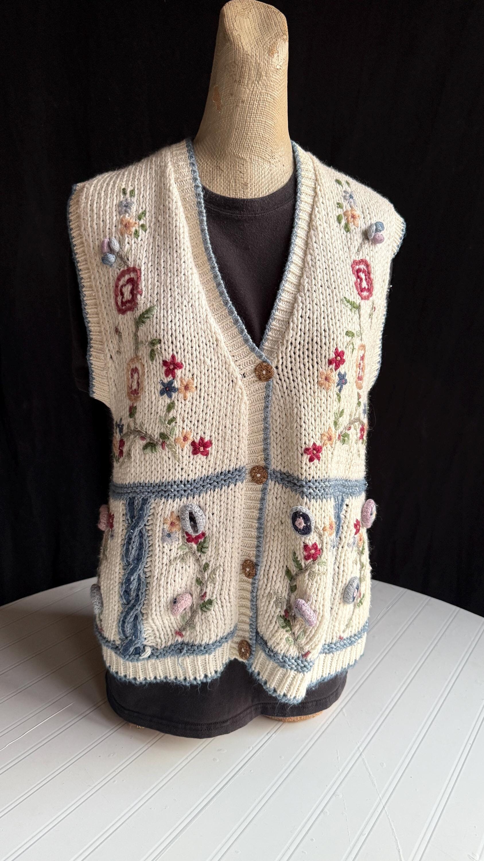 Vintage Sweater Vest - Handknit 1990s Blue and Pink Floral - Etsy