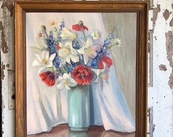 Vintage Oil Painting Floral Mid Century Still Life Poppies and Lilies Larkspur Daisy -Large  31 x 25