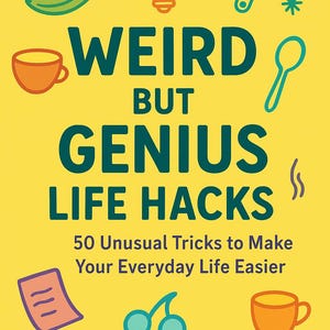 Könnte beinhalten: Ein gelbes Buchcover mit dem Titel "WEIRD BUT GENIUS LIFE HACKS" in Teal. Das Cover zeigt illustrierte Symbole wie eine Banane, eine Glühbirne, einen Schraubenschlüssel und eine Kaffeetasse. Der Untertitel lautet "50 Ungewöhnliche Tricks, um Ihren Alltag zu erleichtern."