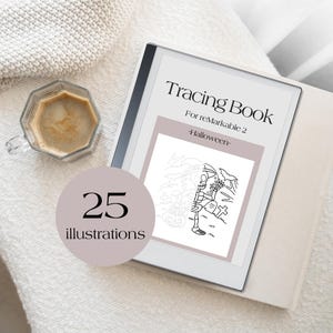 May include: A digital tracing book for reMarkable 2 with a Halloween theme. The cover displays the title "Tracing Book" and "For reMarkable 2". The book features 25 illustrations, including a skeleton. A cup of coffee sits nearby.