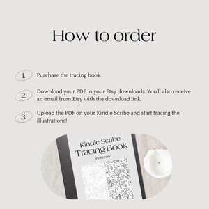 May include: How to order a Kindle Scribe tracing book. Purchase the book, download the PDF, and upload it to your Kindle Scribe to start tracing the illustrations. The image shows a black and white illustration of a floral pattern.
