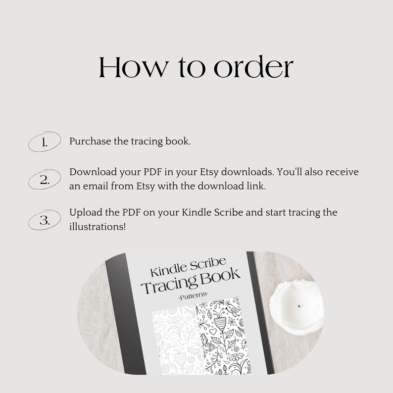 May include: How to order a Kindle Scribe tracing book. Purchase the book, download the PDF, and upload it to your Kindle Scribe to start tracing the illustrations. The image shows a black and white illustration of a floral pattern.