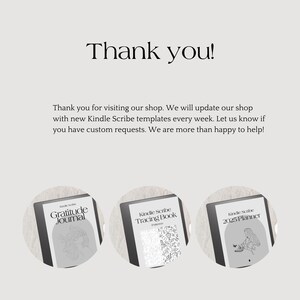May include: Three Kindle Scribe e-reader devices displaying different digital templates: a gratitude journal, a tracing book, and a 2025 planner.