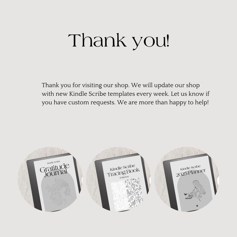 May include: Three Kindle Scribe e-reader devices displaying different digital templates: a gratitude journal, a tracing book, and a 2025 planner.