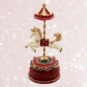 Carousel White Horse Music Box with Gold Red Detailing, Santa&#39;s Circus, Nostalgic, Kid&#39;s, Nursery Room Decor, Infant, Baby Shower Gift