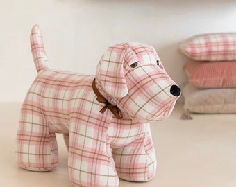 Peluche de perro terrier rosa con lazo, Decoración de felpa grande, Tela escocesa suave, Decoración de habitación infantil, Acogedor, Decorativo, Regalo de baby shower