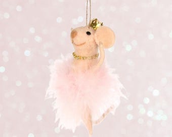 Ballerina Mouse Felt Decoration with Pink Tutu, Christmas Tree Hanging Decoration, Glitter, Cute, Charming, Adorable, Shatterproof, Gift
