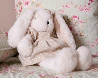 Honeyheart Bunny Cuddly Toy with Heart-Adorned Beige Dress and Bow, Plush, Soft, Cute Kid's, Infant Room Decor, Decorative, Baby Shower Gift