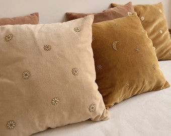 Velvet Beaded Beige Daisies Cushion, 100% Cotton, Luxe, Flower, Floral Kid's, Toddler's, Infant, Nursery Room Decor, Newborn, Cute Gift