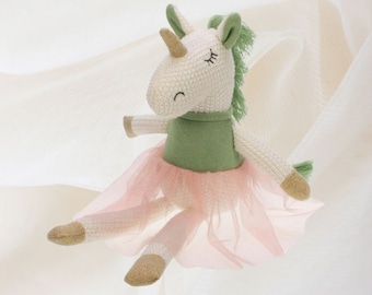 Unicorn Cotton Cuddly Toy, Unicorn in Pink Green Ballet Dress, Organic Cotton, Fairytale, Magical, Cute Newborn, Infant, Baby Shower Gift