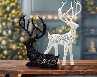 3D Printed Textured Voronoi Deer Standing & Sitting Statues