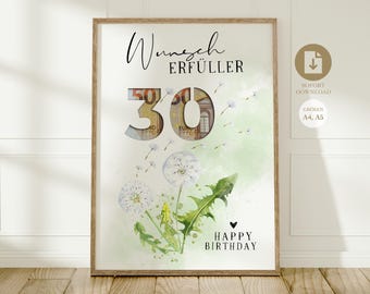 Cadeau en argent pour un 30e anniversaire | idée cadeau créative téléchargement instantané A4 | Affiche ronde anniversaire | Réalisateur de souhaits de cadeau d'anniversaire