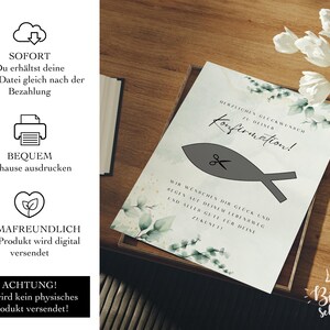 May include: A printable card with a green and white floral design. The card says "Herzlichen Gl&uuml;ckwunsch zu deiner Konfirmation!" and "Wir w&uuml;nschen dir Gl&uuml;ck und Segen auf deinem Lebensweg und alles Gute f&uuml;r deine Zukunft!"  The card also features a gray fish with a pair of scissors.