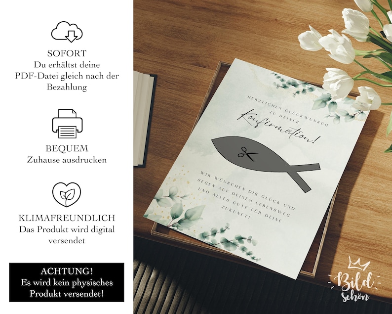 May include: A printable card with a green and white floral design. The card says "Herzlichen Gl&uuml;ckwunsch zu deiner Konfirmation!" and "Wir w&uuml;nschen dir Gl&uuml;ck und Segen auf deinem Lebensweg und alles Gute f&uuml;r deine Zukunft!"  The card also features a gray fish with a pair of scissors.