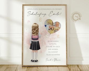 May include: A framed illustration featuring a girl with blonde hair, wearing a school uniform, holding a heart-shaped balloon with a 50 Euro bill inside. The text reads "Congratulations on your school start, Emili!" and other motivational phrases.