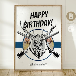 Puede incluir: Impresión enmarcada con un diseño vintage. La obra presenta una cabeza de ciervo, rifles cruzados y el texto "HAPPY BIRTHDAY!" en letras negras en negrita. También se incluye una franja azul y un emblema circular con el número "50".