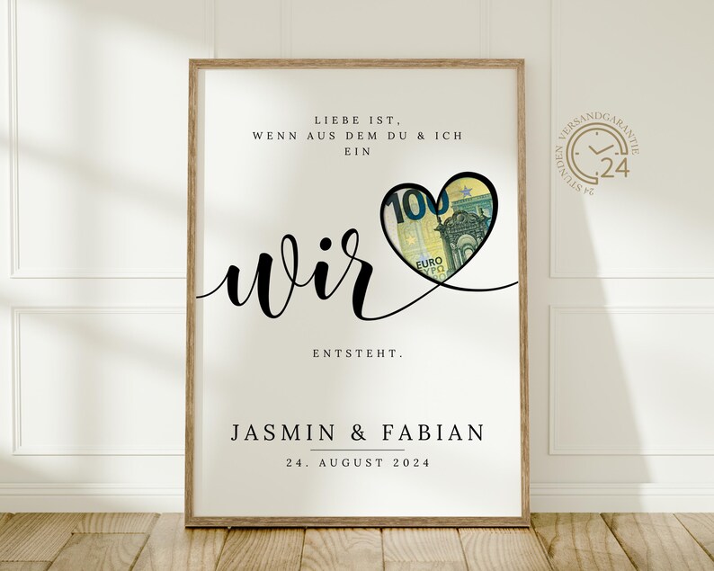 digitales Geldgeschenk Hochzeit | Hochzeitsposter | DIY Geschenk für das Brautpaar | Hochzeitsgeschenk Geld | personalisiertes Geldgeschenk | A4 A5 Glückwunschkarte | Liebe ist, wenn aus dem Du und Ich ein Wir entsteht.