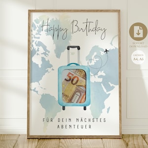 Geldcadeau voor een verjaardagsreisje | creatief cadeau verjaardagsvakantie | DIY geld cadeau reisfonds | Geld voor een reis rond de wereld PDF Download A4