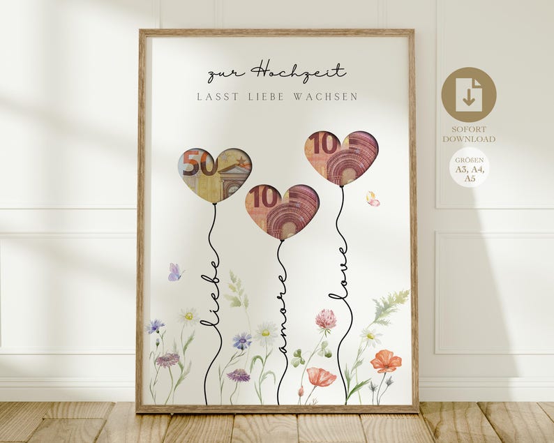 Geldgeschenk Hochzeit | Hochzeitsposter | DIY Geschenk für das Brautpaar | Hochzeitsgeschenk Geld | Last-minute Geschenk  Sofort-Download A3, A4 und A5
Zur Hochzeit lasst Liebe wachsen.