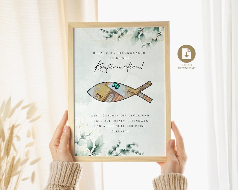 May include: A light blue card with green watercolor leaves and a fish shape with a 50 euro bill inside. The text on the card reads "Herzlichen Gl&uuml;ckwunsch zu deiner Konfirmation!" and "Wir w&uuml;nschen dir Gl&uuml;ck und Segen auf deinem Lebensweg und alles Gute f&uuml;r deine Zukunft!"