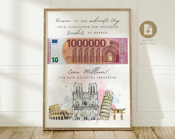 Birthday money gift for travel | Creative birthday gift for vacation | DIY money gift for travel fund | First million-dollar world trip PDF Download A4