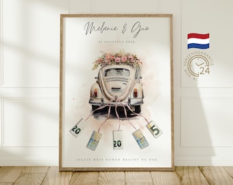 May include: A framed watercolor print featuring a vintage beige car decorated with flowers. The car has ribbons attached to tags with the numbers 20 and 5. The text "Melanie & Gio" and "31 AUGUSTUS 2024" are written at the top.