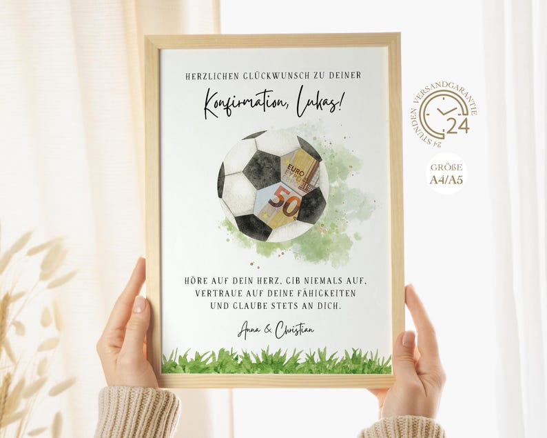 personalisiertes Geldgeschenk zur Konfirmation Fußballfan | DIY sofort Download | kreatives last Minute Geschenk für Mädchen, Jungen | Geld Glückwunschkarte Fußball | Konfirmationsgeschenk PDF A4 
Herzlichen Glückwunsch zu deiner Konfirmation