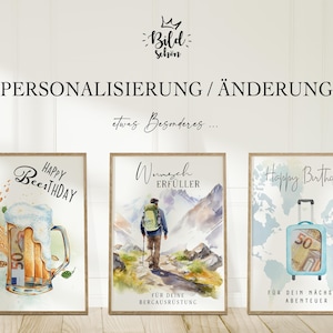 May include: Three framed watercolour prints with wooden frames. The prints feature the phrases "Happy Beerthday", "Wünsche Erfüller", and "Happy Birthday". The first print shows a beer mug with money inside. The second print shows a hiker. The third print shows a suitcase.