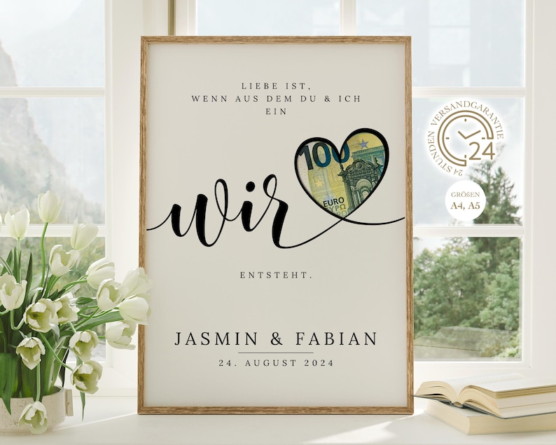 digitales Geldgeschenk Hochzeit | Hochzeitsposter | DIY Geschenk für das Brautpaar | Hochzeitsgeschenk Geld | personalisiertes Geldgeschenk | A4 A5 Glückwunschkarte | Liebe ist, wenn aus dem Du und Ich ein Wir entsteht.