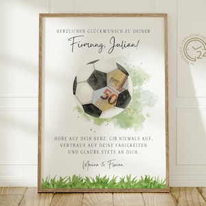 presente personalizado em dinheiro para fã de futebol de confirmação | Presente de download digital faça você mesmo para menina e menino | Cartão de felicitações dinheiro futebol A4