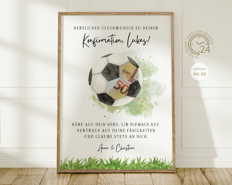 personalisiertes Geldgeschenk zur Konfirmation Fußballfan | DIY sofort Download | kreatives last Minute Geschenk für Mädchen, Jungen | Geld Glückwunschkarte Fußball | Konfirmationsgeschenk PDF A4 
Herzlichen Glückwunsch zu deiner Konfirmation
