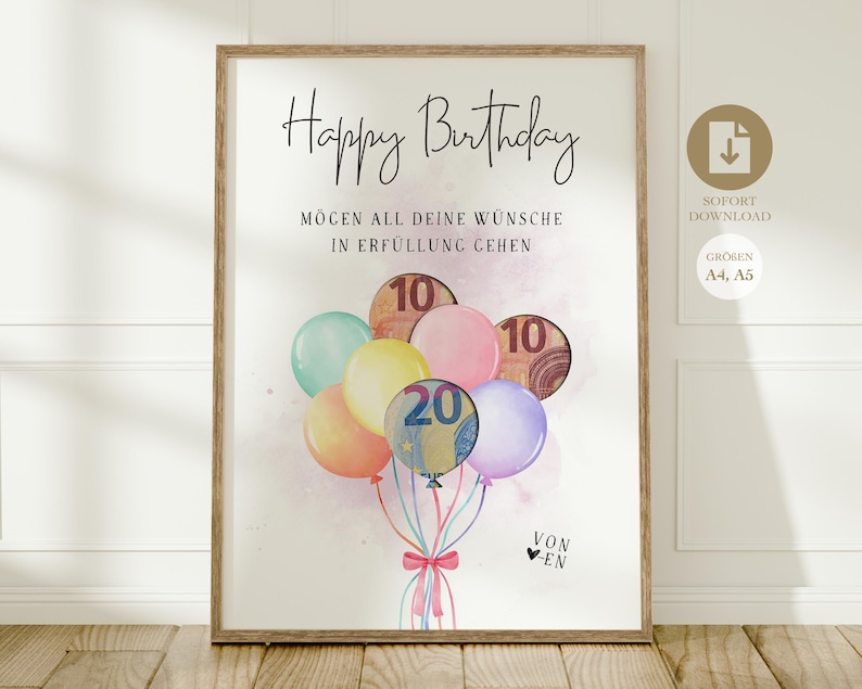 Geldgeschenk Geburtstag | kreatives Last Minute Geburtstagsgeschenk Geld | originelles DIY Geschenk basteln | Sofort Download PDF A4 A5 Digital