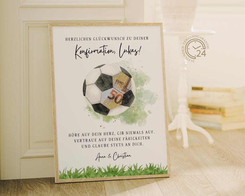 personalisiertes Geldgeschenk zur Konfirmation Fußballfan | DIY sofort Download | kreatives last Minute Geschenk für Mädchen, Jungen | Geld Glückwunschkarte Fußball | Konfirmationsgeschenk PDF A4 
Herzlichen Glückwunsch zu deiner Konfirmation