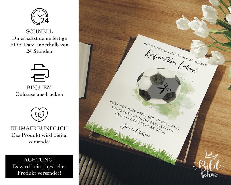 personalisiertes Geldgeschenk zur Konfirmation Fußballfan | DIY sofort Download | kreatives last Minute Geschenk für Mädchen, Jungen | Geld Glückwunschkarte Fußball | Konfirmationsgeschenk PDF A4 
Herzlichen Glückwunsch zu deiner Konfirmation