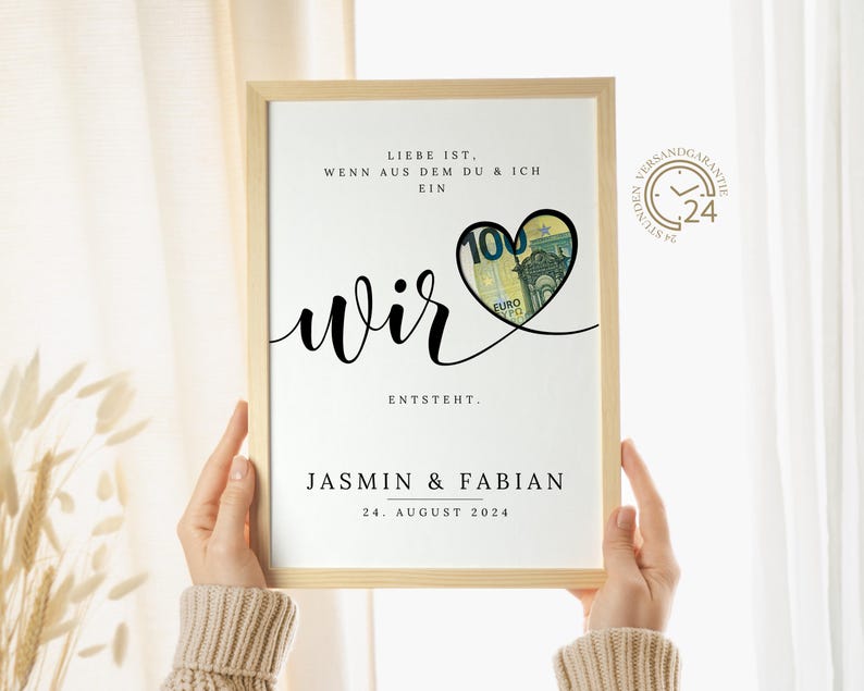 digitales Geldgeschenk Hochzeit | Hochzeitsposter | DIY Geschenk für das Brautpaar | Hochzeitsgeschenk Geld | personalisiertes Geldgeschenk | A4 A5 Glückwunschkarte | Liebe ist, wenn aus dem Du und Ich ein Wir entsteht.